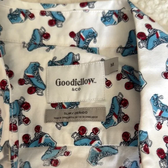 Goodfellow & Co Casual Blue and White Roller Skate Button Down Shirt - Picture 2 of 3